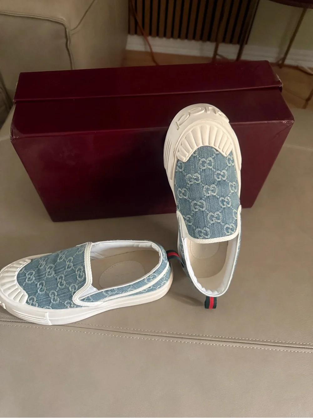 Women's Denim Monogram Slip-On Sneakers in Light Blue and White